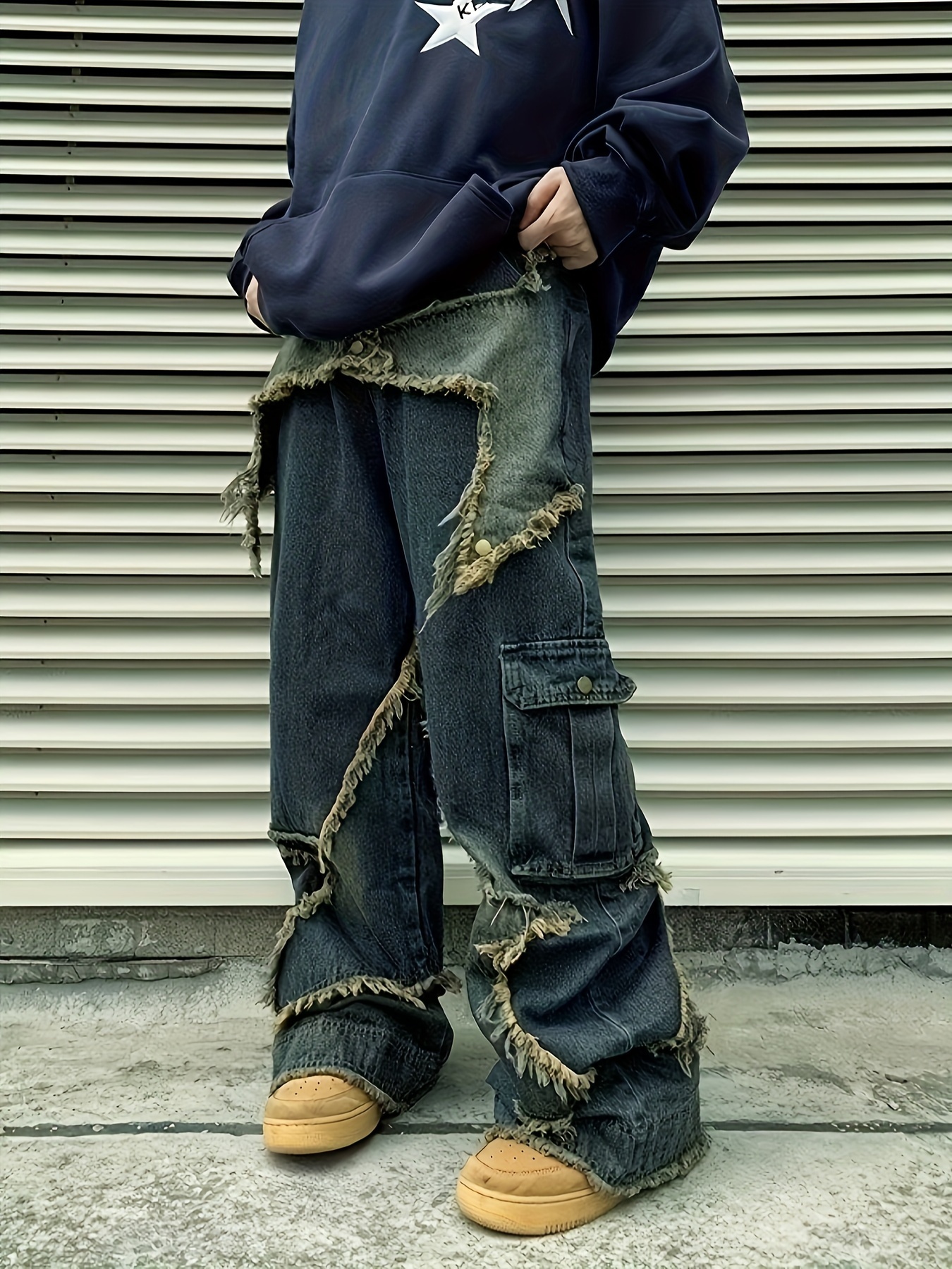 Y2k Men's Trendy Loose Jeans Big Flap Pocket Distressed Punk