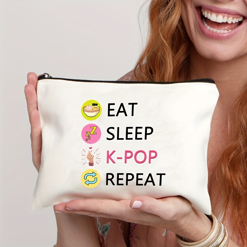 

1pc K-pop Makeup Bag, Eat Sleep K-pop Repeat Travel Pouch, K-pop Merchandise Gift For Women, Eat Sleep K-pop Repeat Toiletry Bag