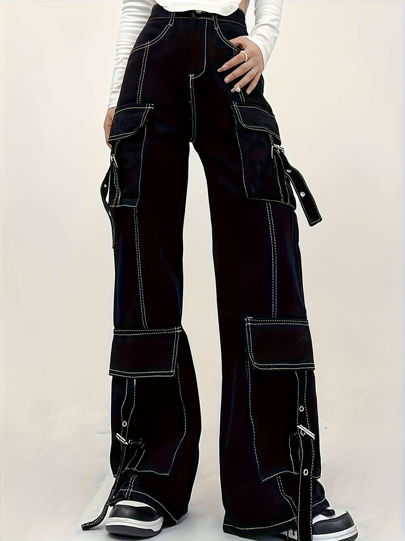 Pantalones De Mezclilla De Cintura Alta Con Bolsillos Cargo Con Solapa,  Jeans De Pierna Recta * Medio De Tiro Alto, Informales Y Modernos, Jeans Y