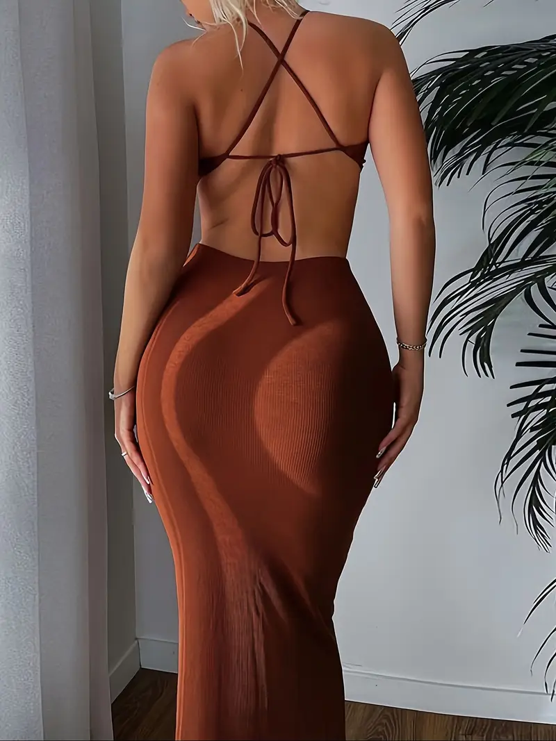 solid halter neck dress casual cut backless bodycon dress - Temu Mauritius solid halter neck dress casual cut backless bodycon dress - Temu Mauritius