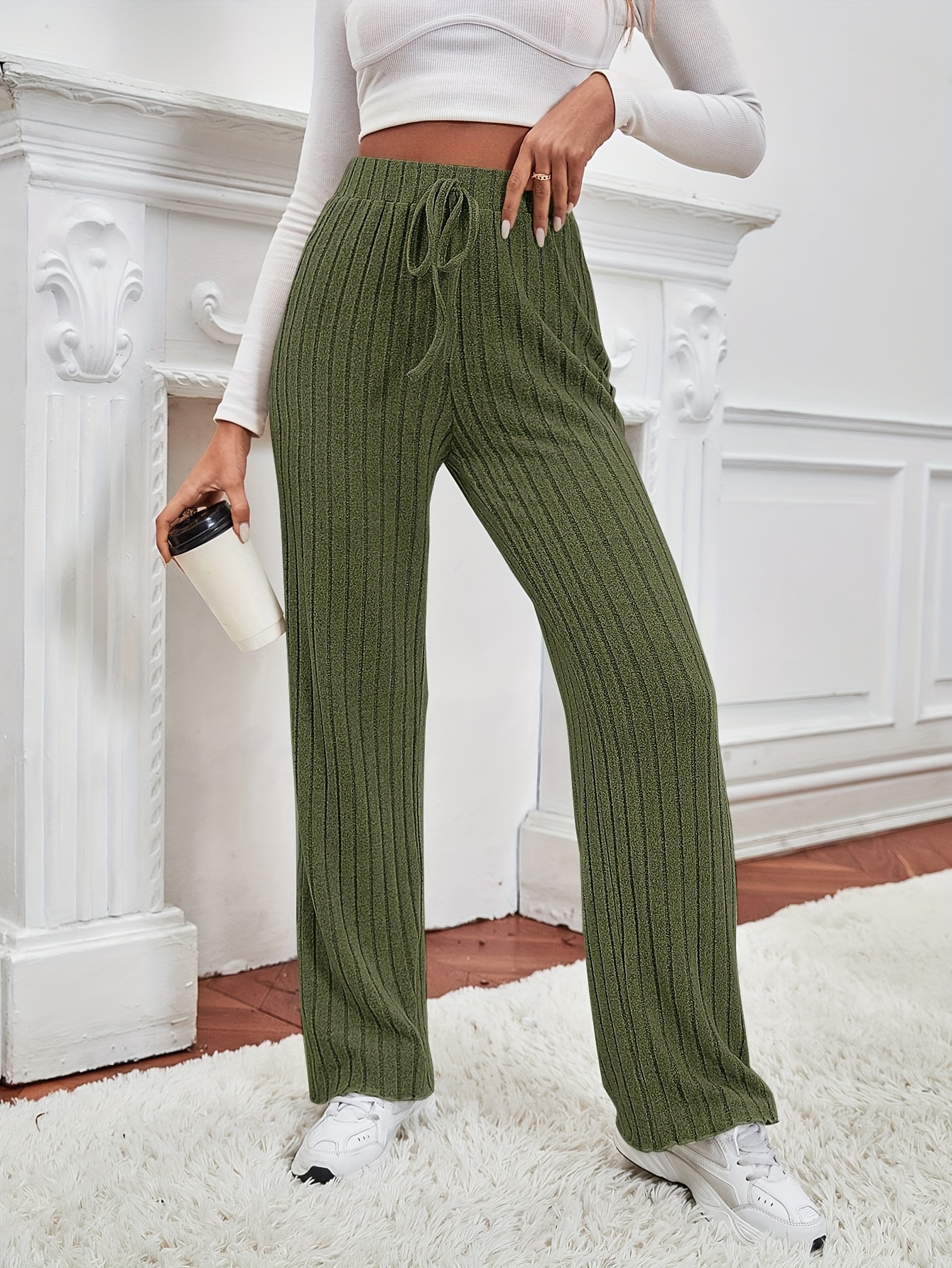 Trousers for Women-Suave-Olive-High Rise Wide Leg Pants