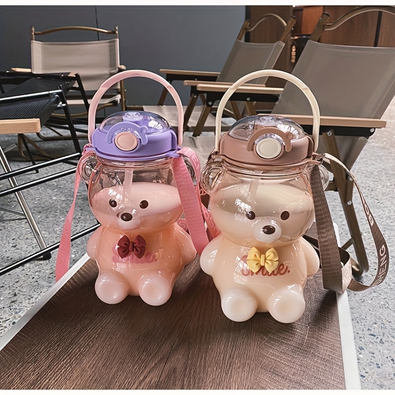 Cute Bear Water Bottle With Straw And Lanyard Perfect For - Temu