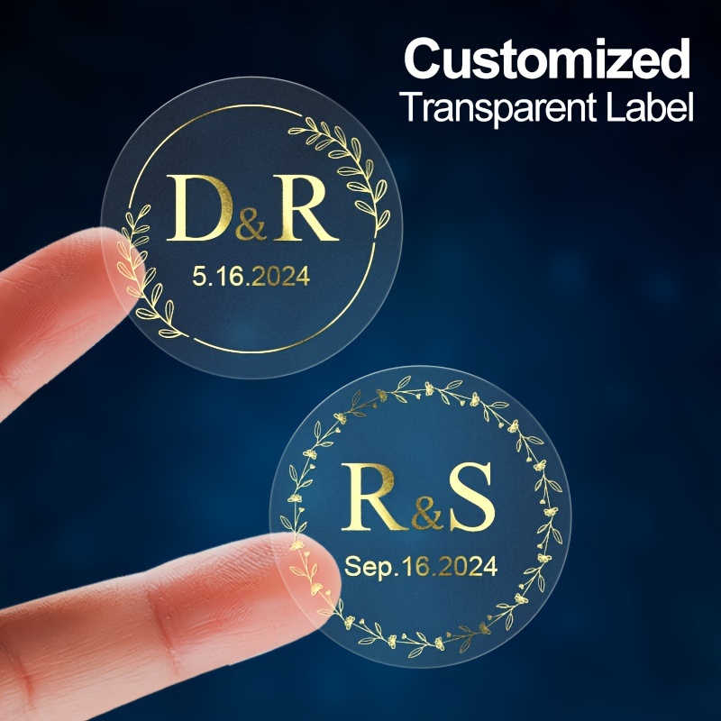 

Set, Personalized Transparent Stickers With Golden Embossing, Luxe Custom Clear Labels For Unique Event Branding, Ideal For Wedding Favors, Anniversaries, Bespoke Design, No