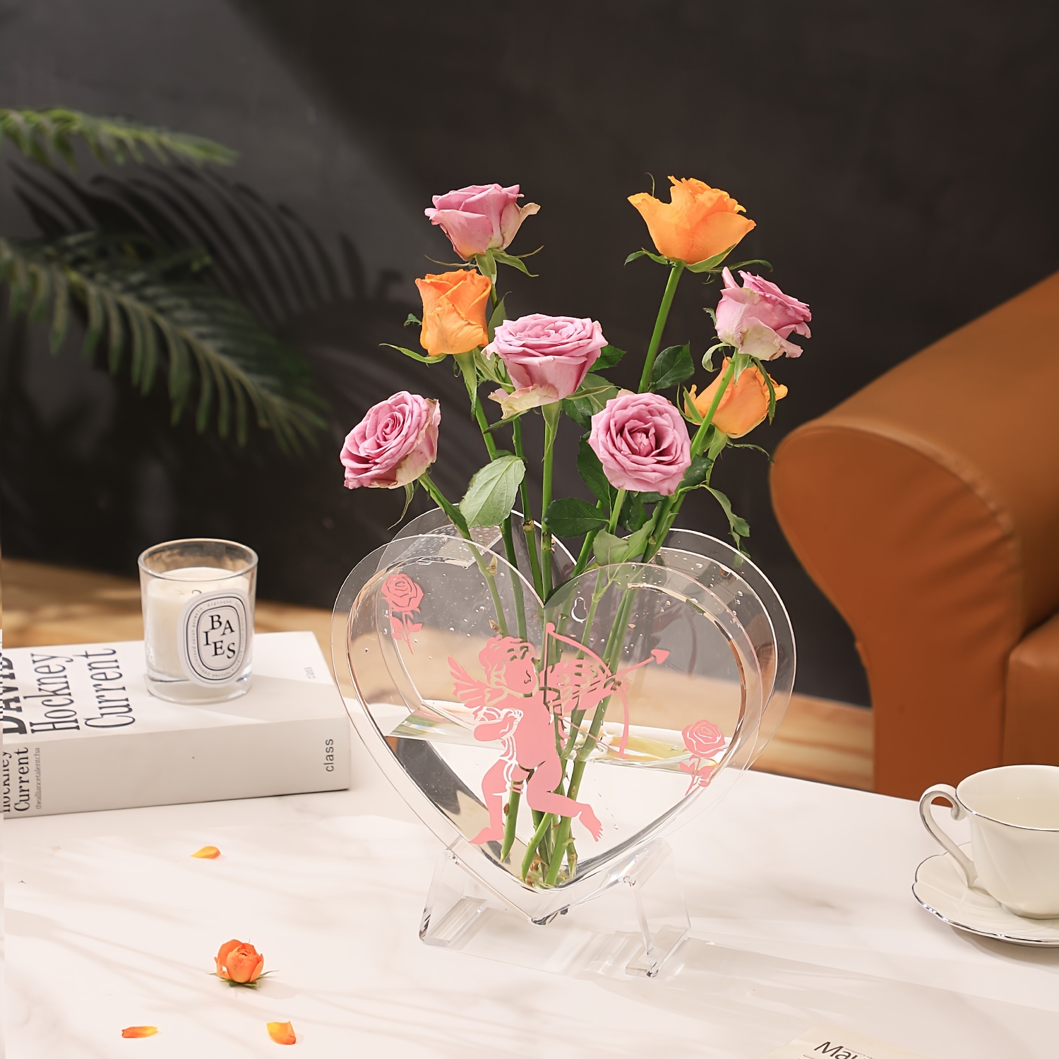 1pc Modern Heart Shaped Acrylic Flower Vase, Aesthetic Vase For Home Decor, Modern Decorative Vase For Wedding, Living Room, Bedroom, Table, Office, H