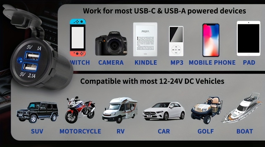 Enchufe de cargador de coche dual USB de 5 V, toma de corriente CC  impermeable para automóvil, motocicleta, barco marino, carrito de golf