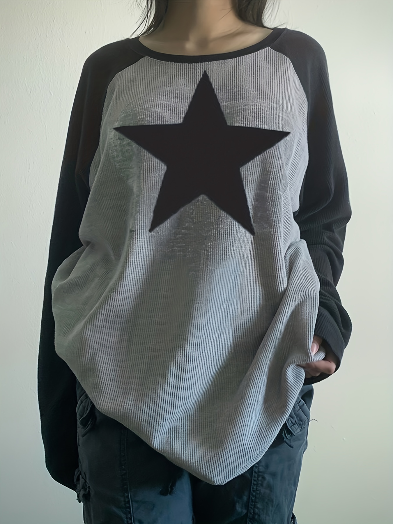 Star Print Color Block T-Shirt, Y2K Long Sleeve T-Shirt For Spring & Fall,  Women's Clothing