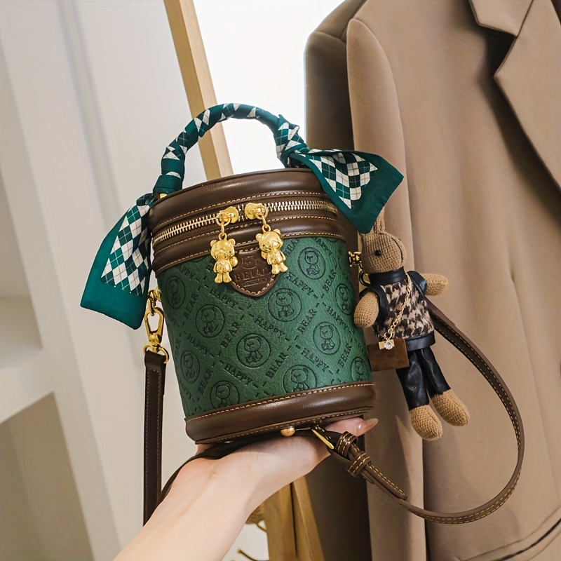 Mini Bear Cylinder Handbag, Scarf Decor Crossbody Bag, Women's Pu Leather  Bucket Bag - Temu Germany
