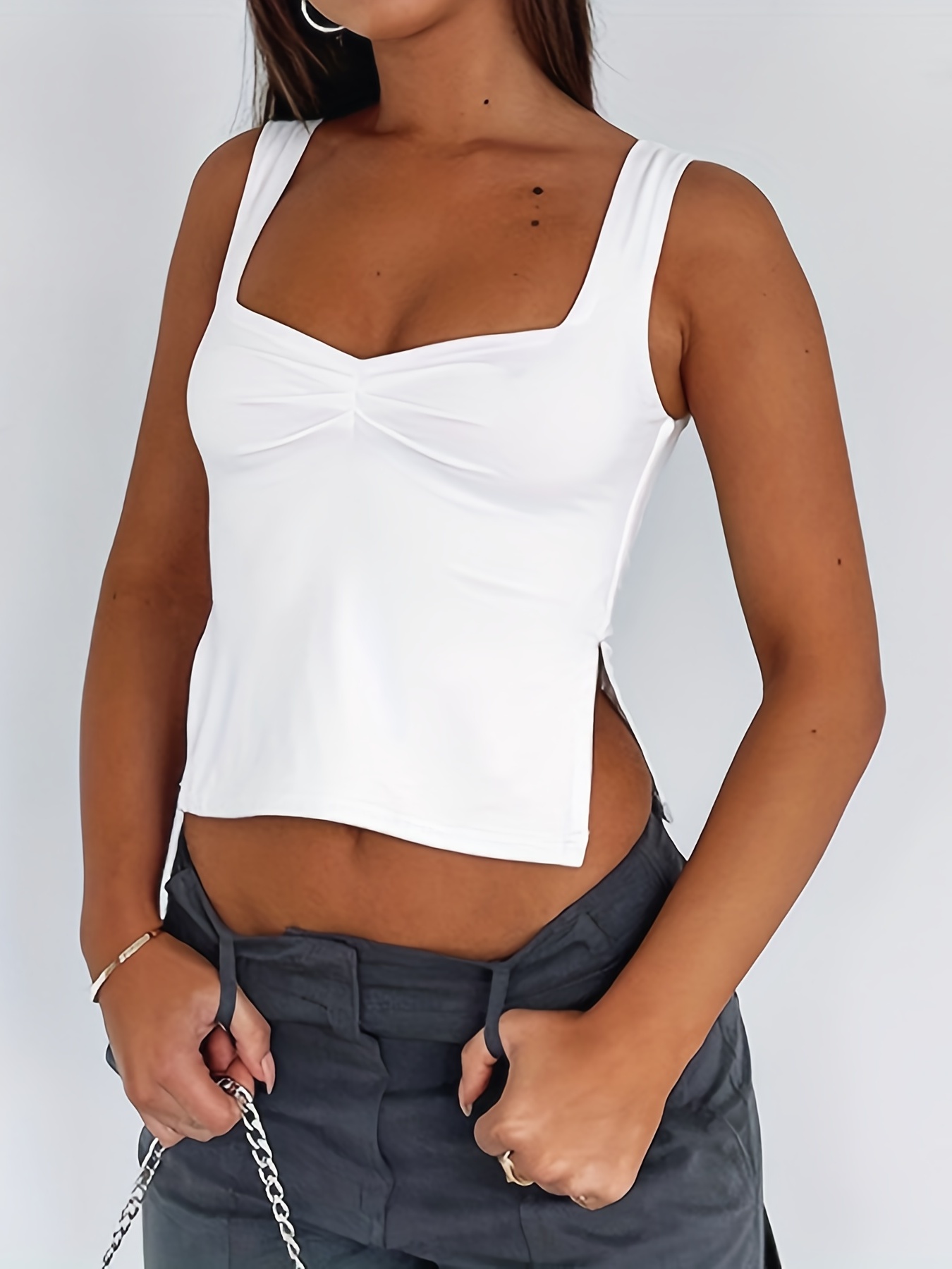 Solid Pleated Side Split Tank Top Casual Sleeveless Top - Temu Canada