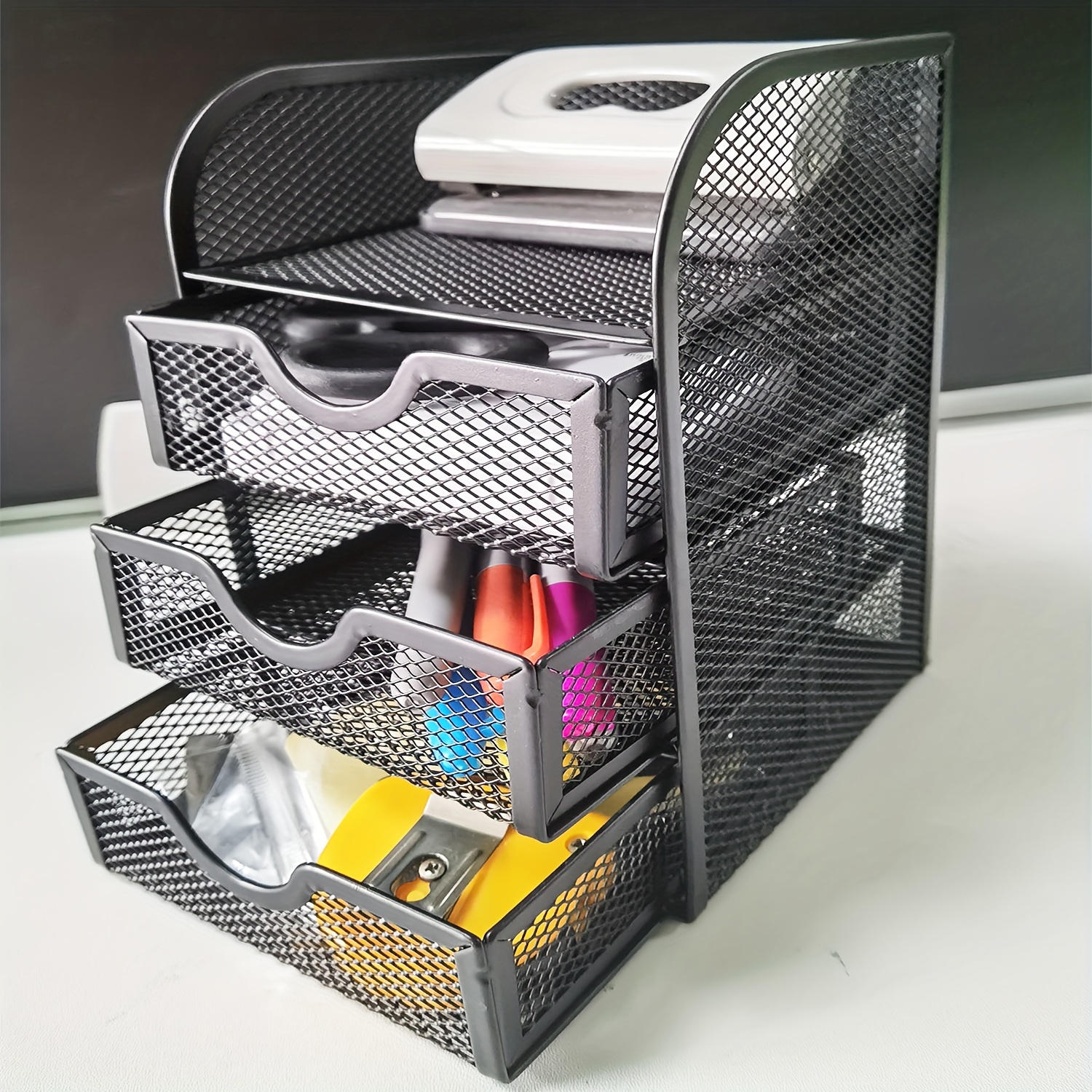 Organizador de escritorio de tela metálica EasyPAG con 3 cajones Mini  repisa para suministros de oficina., Negro