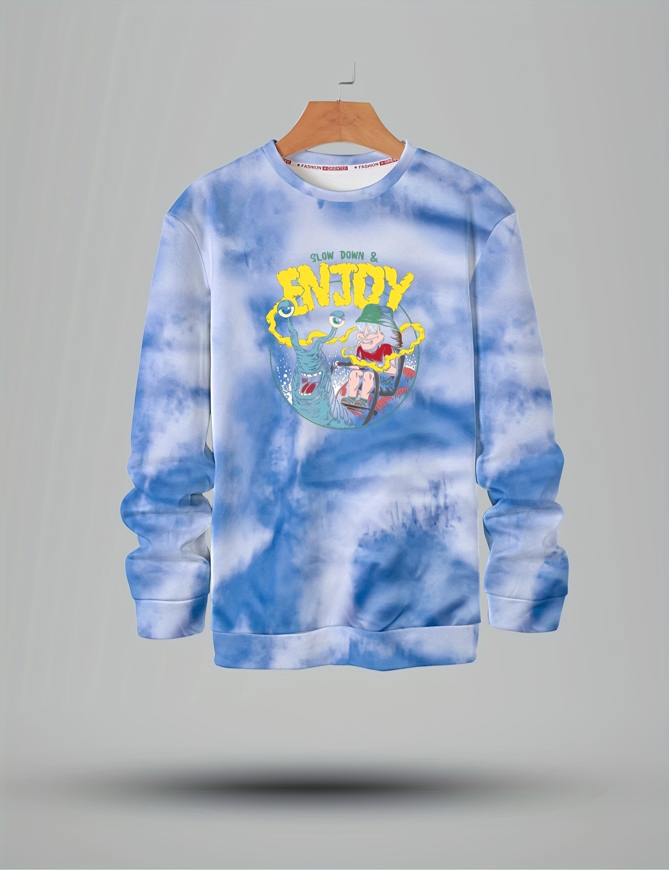 slow Down & Enjoy'' Cartoon Print Men's Tie Dye Round Neck