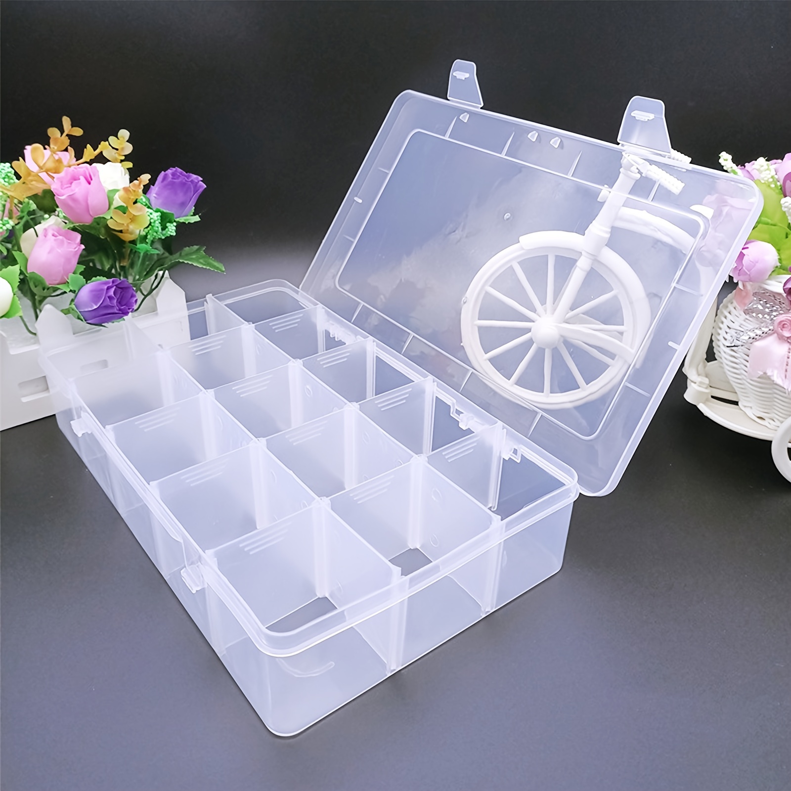 2pcs Clear Plastic Craft Organizer Storage Box with 10 Adjustable  Compartments
