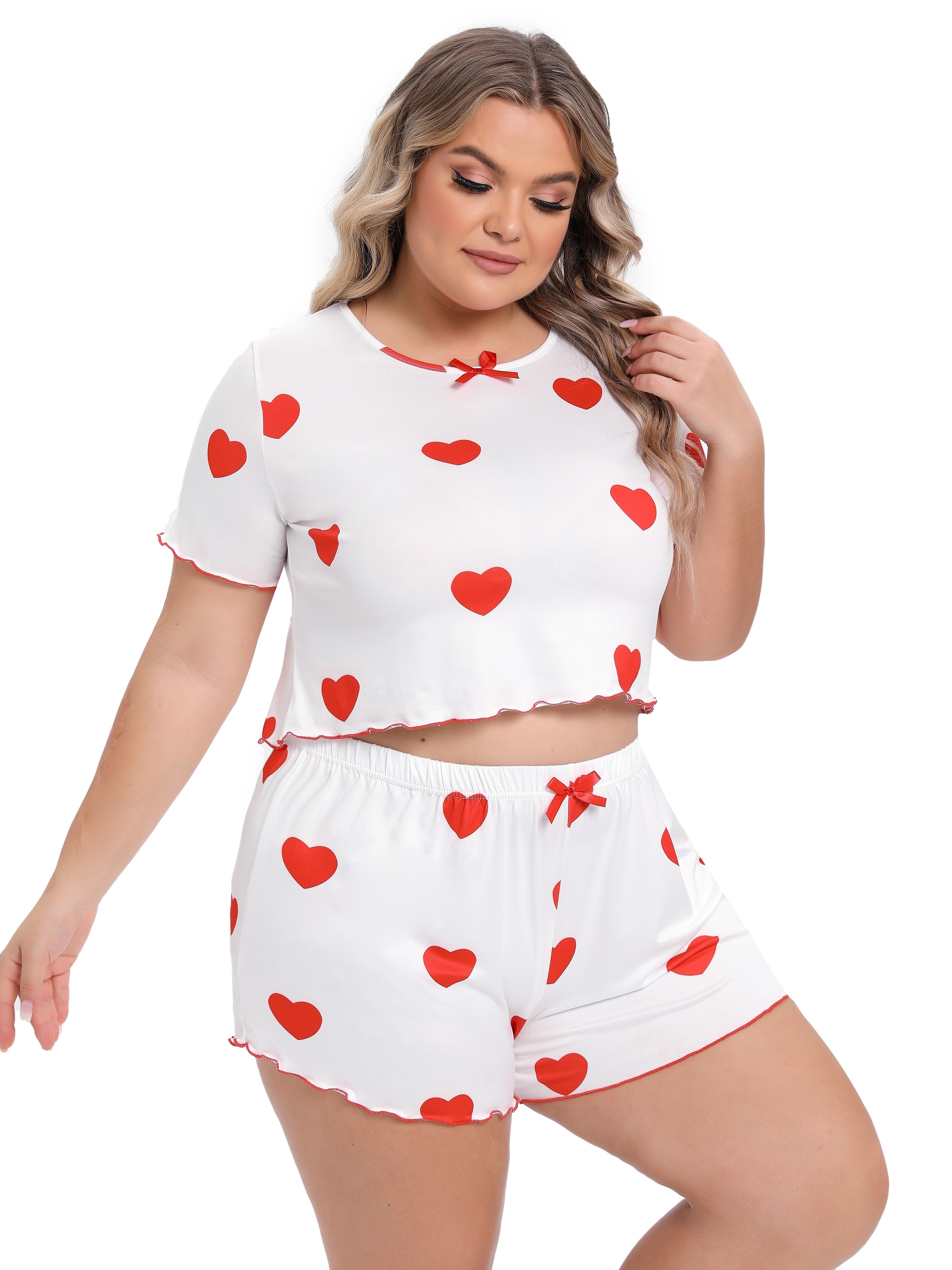 Plus Size Cute Pajama Set Women's Plus Heart Print Short - Temu