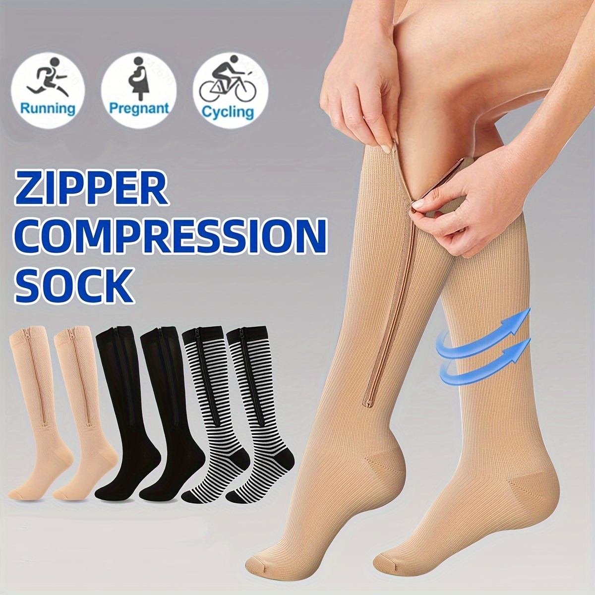 20 30mmhg Compression Socks Zipper Running Solid Ribbed Knee