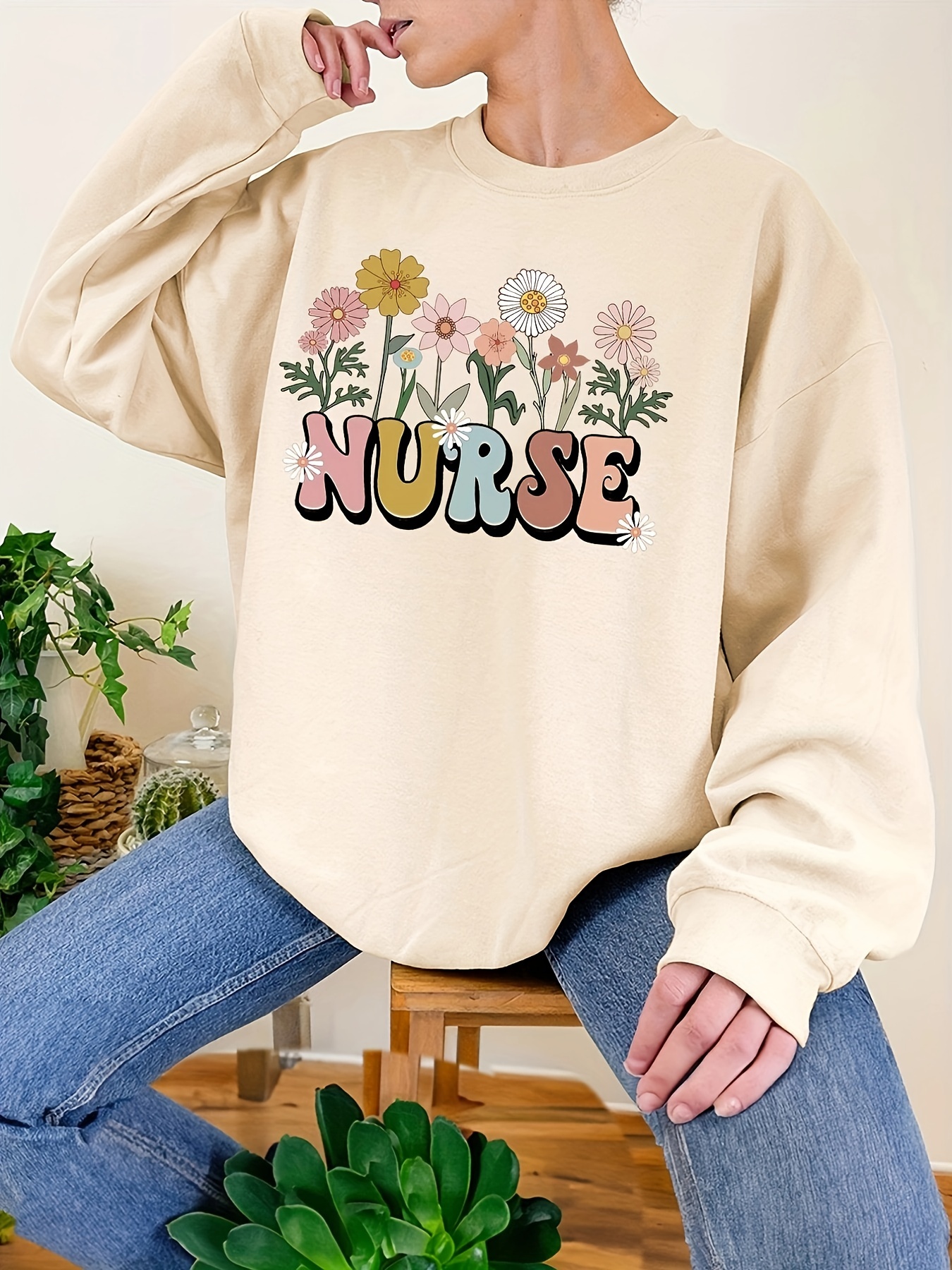 Vintage Letter Print Sweatshirt Casual Long Sleeve Crew Neck - Temu