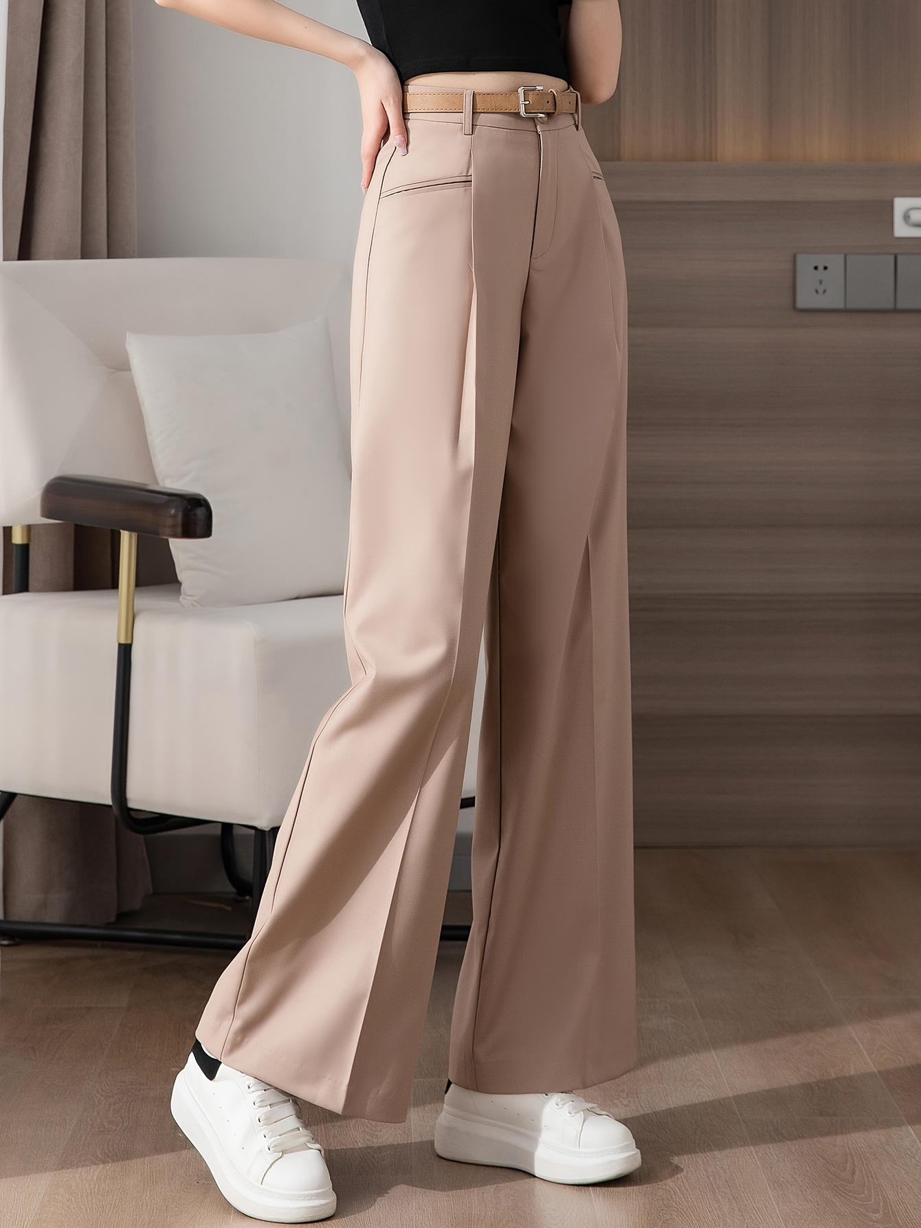Solid Loose Straight Leg Pants Elegant High Waist Pleated - Temu
