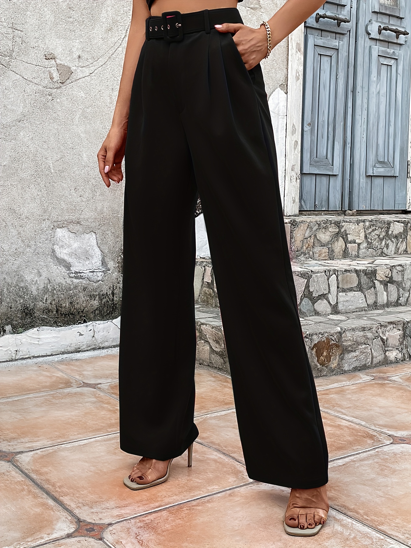 Solid Tailored Pants Casual Wide Leg Work Office Pants - Temu Austria