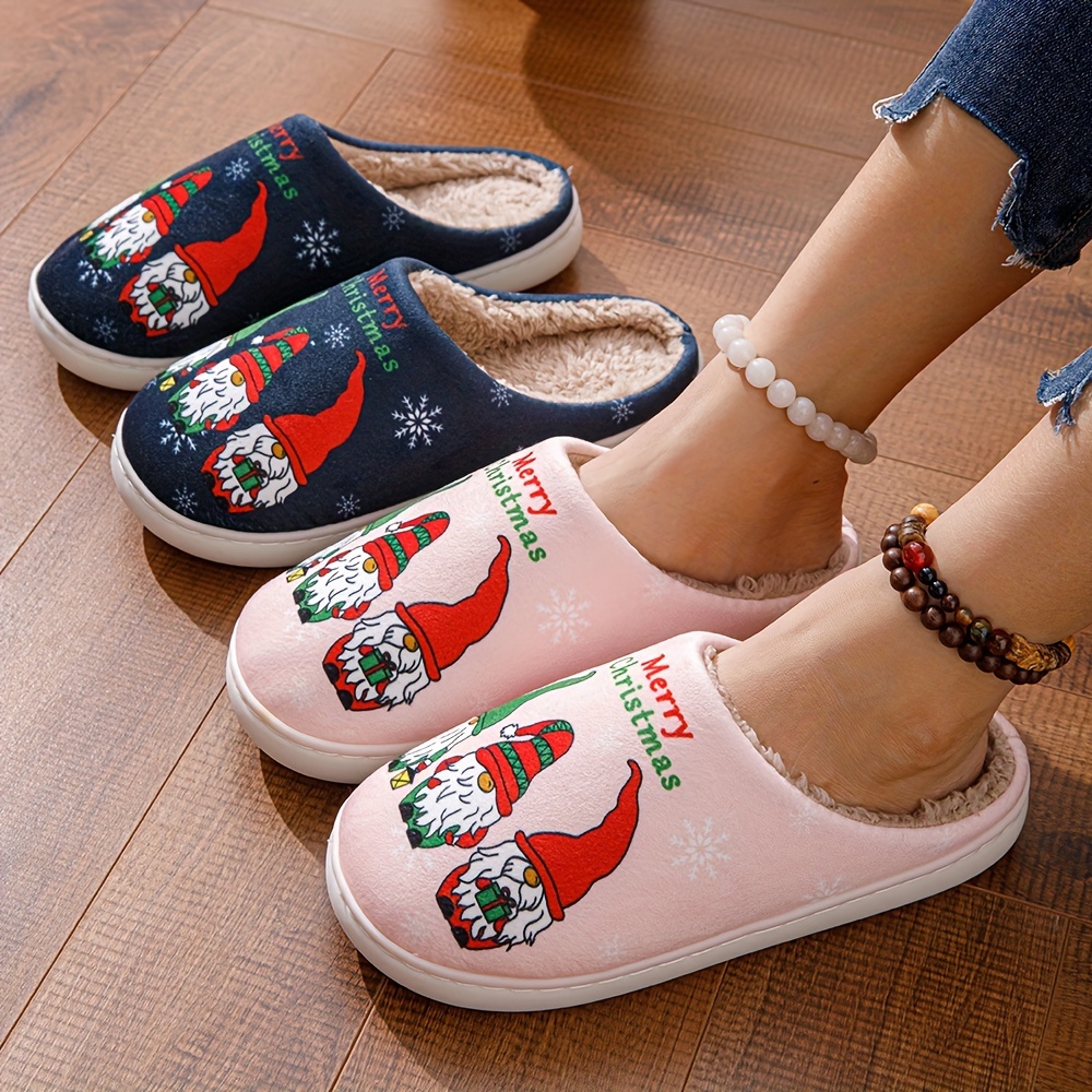 Cartoon Santa Gnome Pattern Slippers, Slip On Winter Plush Flat Soft Sole  Christmas Shoes, Fleece Lining Cozy Indoor Shoes