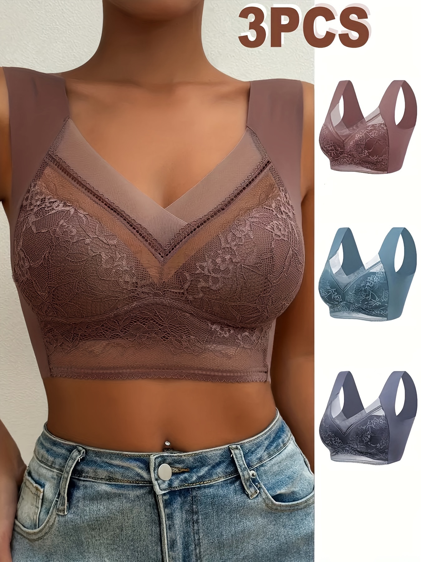 Contrast Lace Wireless Bras Comfy Breathable Full Coverage - Temu Canada