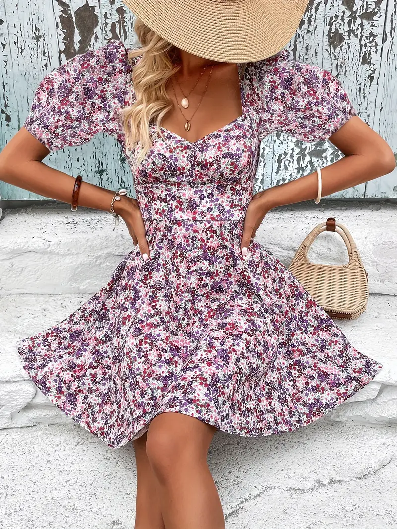Ditsy Floral Puff Sleeve Backless Knot Dress