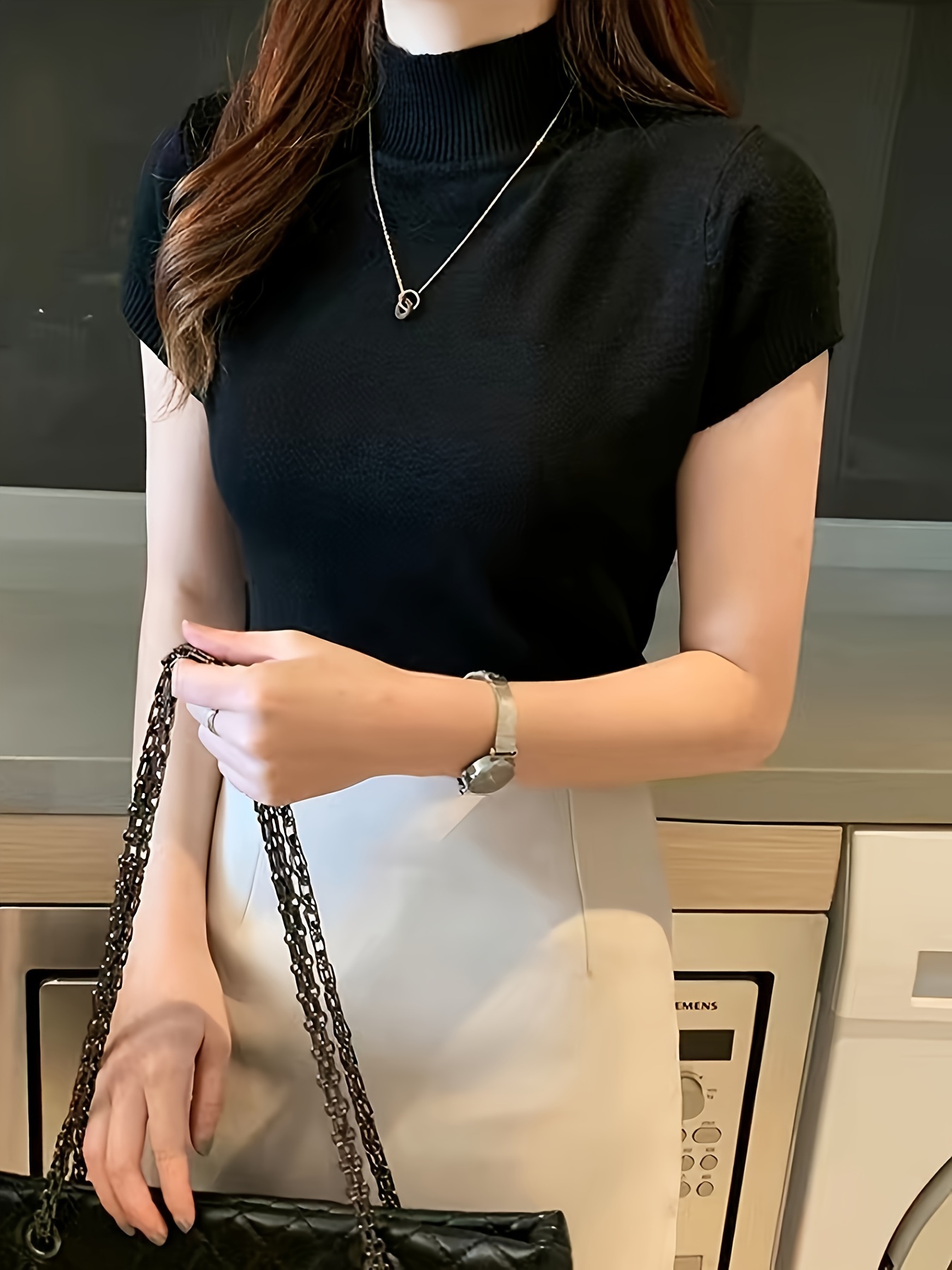 New Style Knitted Versatile Design Half-High Collar Short Sleeve Thin Pullover