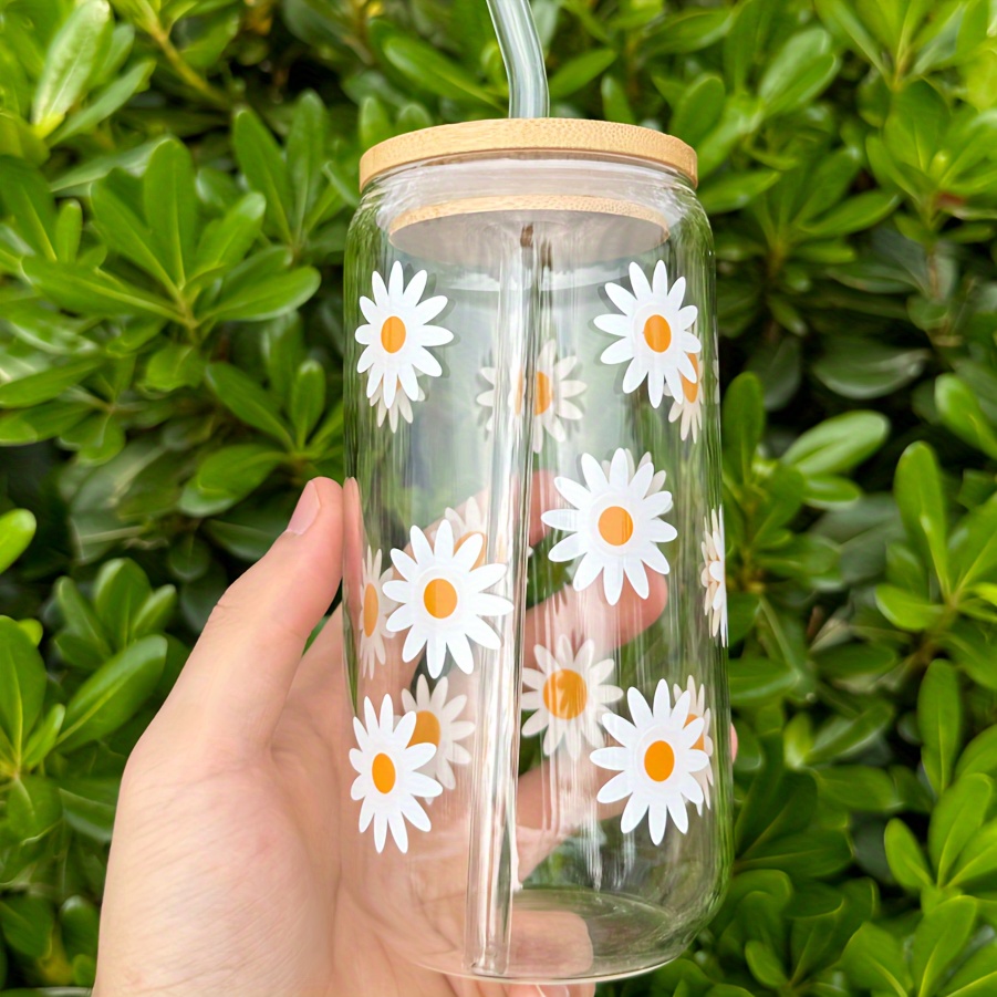 Daisy Aesthetic Cups, Iced Coffee Cup, Cute Glass Cup with Lid