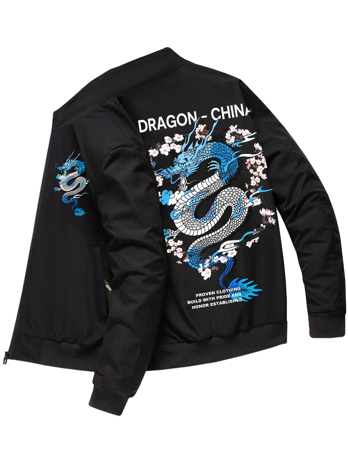 Mens Vintage Casual Zip Up Jacket With Oriental Dragon Print