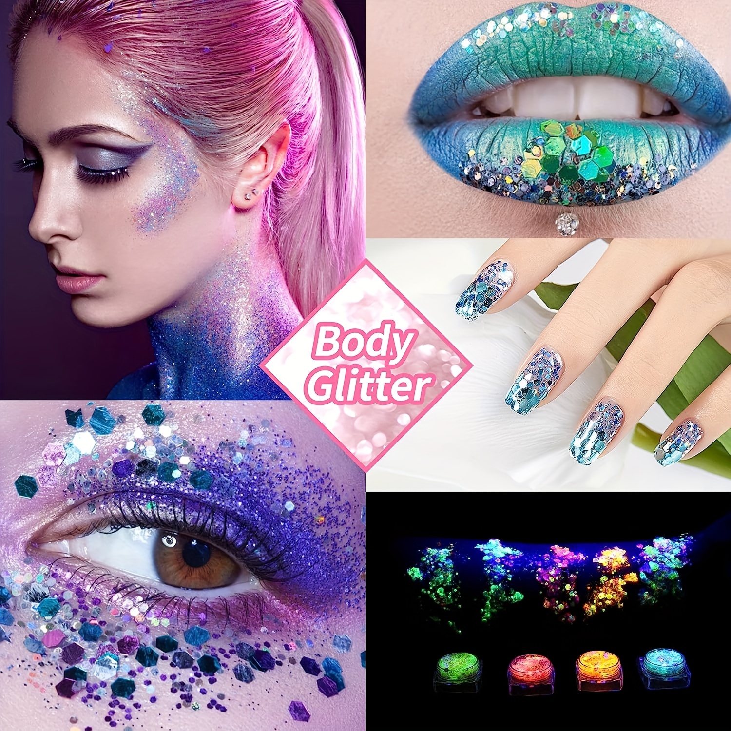 Glow in The Dark Body Face Glitter Gel, 12 Colors Luminous , Self-Adhesive  UV Black Light Iridescent Chunky Glitter for Hair/Eyeshadow, Carnival Party