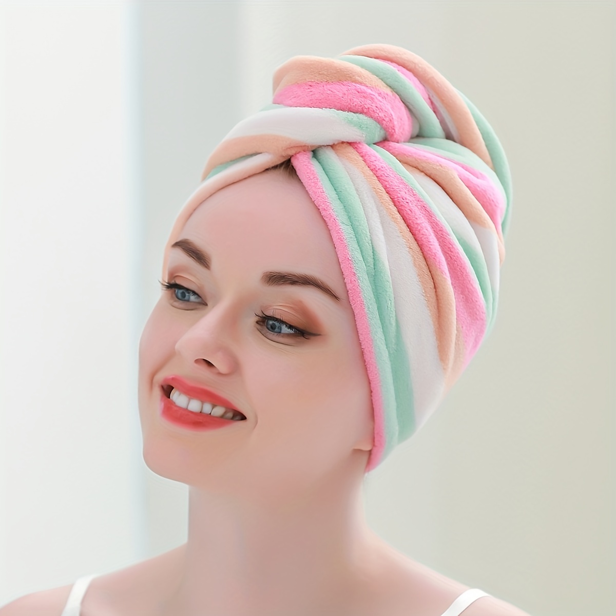 

1pc Rainbow Striped Hair Drying Cap, Soft Coral Velvet Hair Towel For Bathroom, Women's Absorbent Quick-drying Shower Cap, Bathroom Supplies