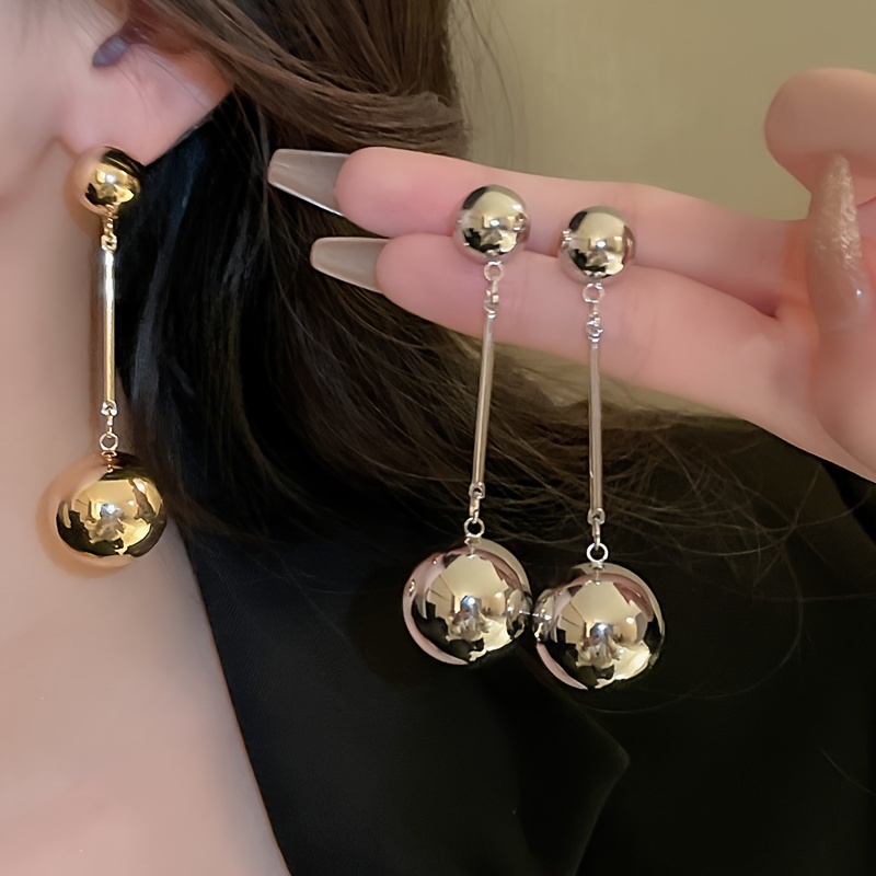 

1 Pair Of Drop Earrings Spherical Ball Design Polished Surface Golden Or Silvery Make Your Call Match Daily Outfits Party Decor