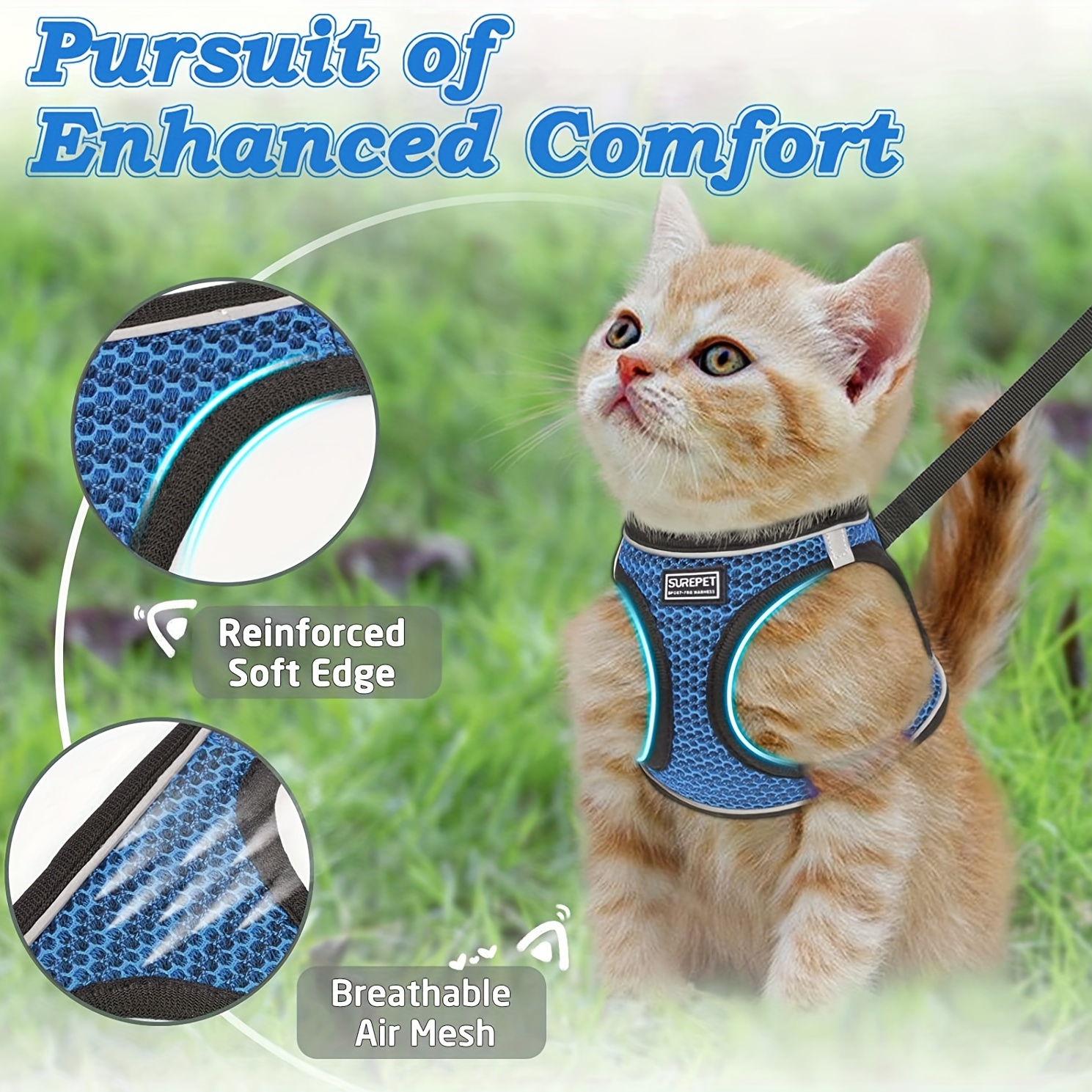 Arnés de gato y correa para caminar, a prueba de escape, ajuste universal,  fácil de controlar, transpirable y suave con tiras reflectantes, elegante