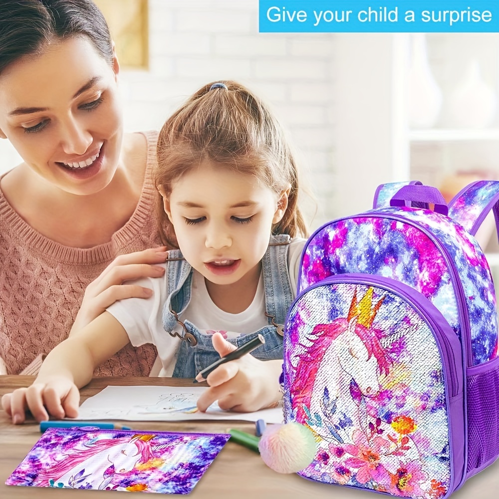 3PCS Unicorn Backpack for Girls, 16 Little Kids Sequin Preschool