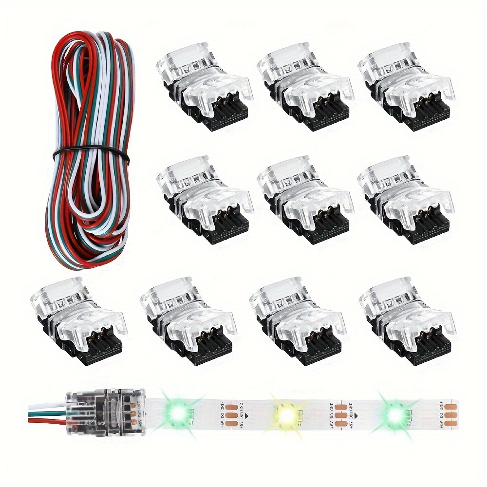 Paquete de 10 conectores de tira de luz LED RGB de 4 pines de 0.394 in, sin  cables, adaptador sin soldadura, extensión de terminal para tira