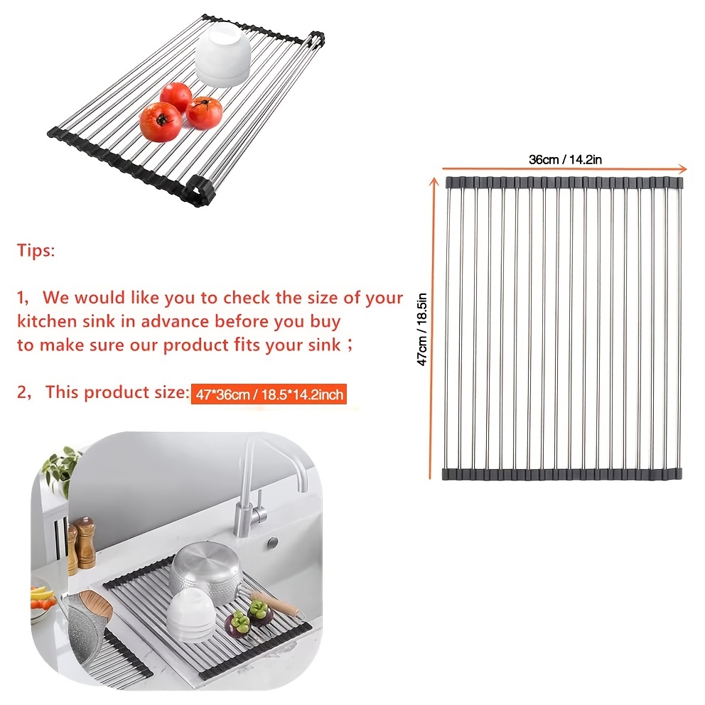 1pc multifunctional dish drying rack stainless steel over the sink roll up dish drying rack heat resistant non slip detachable utensil rack for cups fruits and vegetables details 8