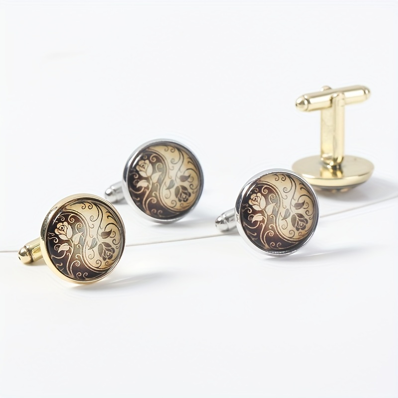 Round Engraved Rose Pattern Cufflinks for Women and Men