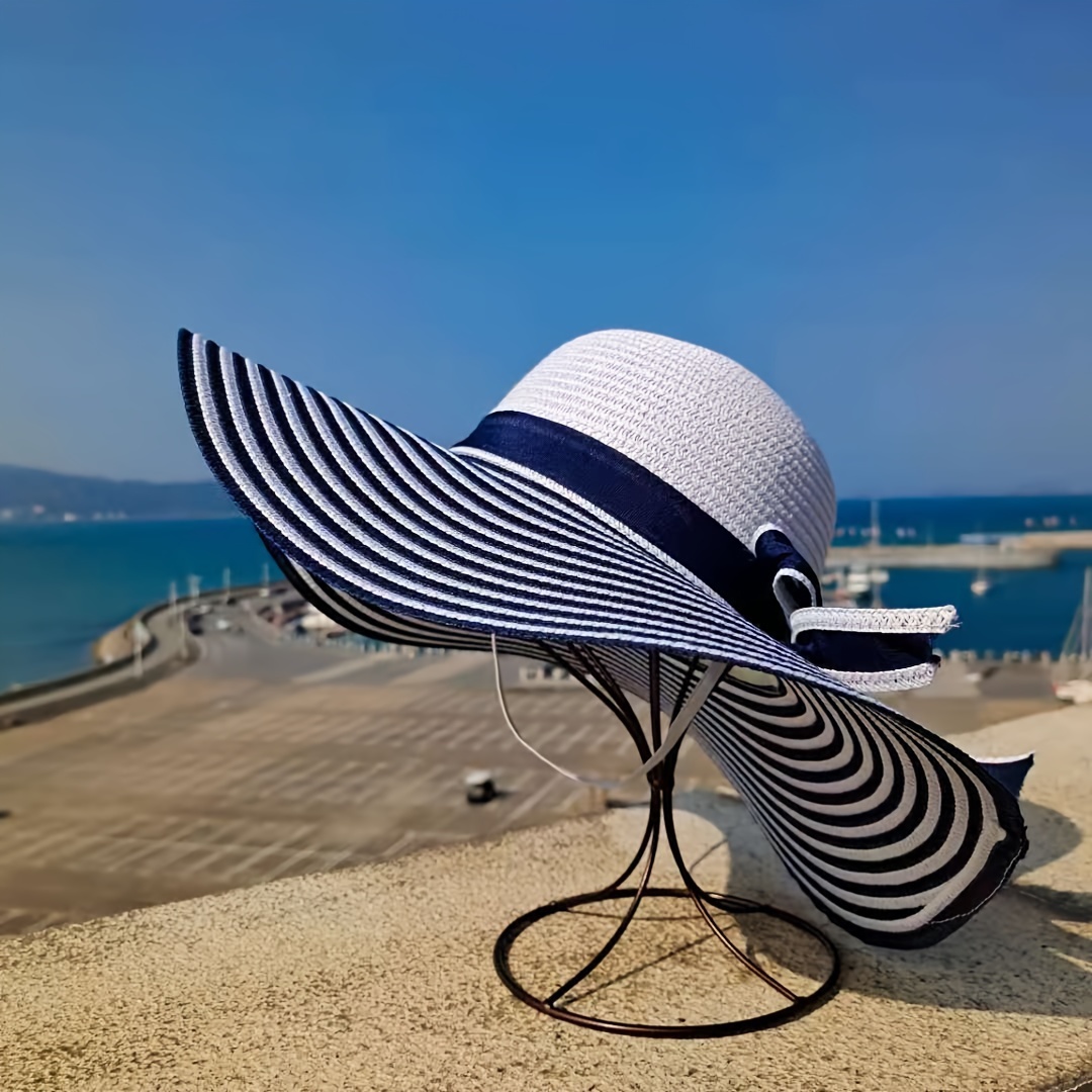 Classic Striped Bowknot Straw Hat Blue White Wide Brim Hats - Temu Canada