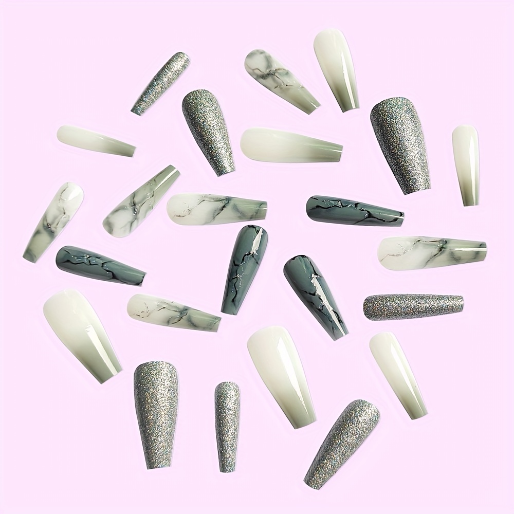 Glitter Gradient Grey Marble Press On Coffin Nails