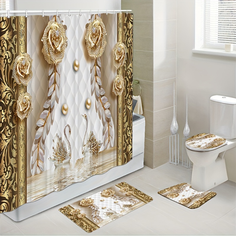 Golden Floral Print Shower Curtain Set, Bathroom Rug, U-shape Mat