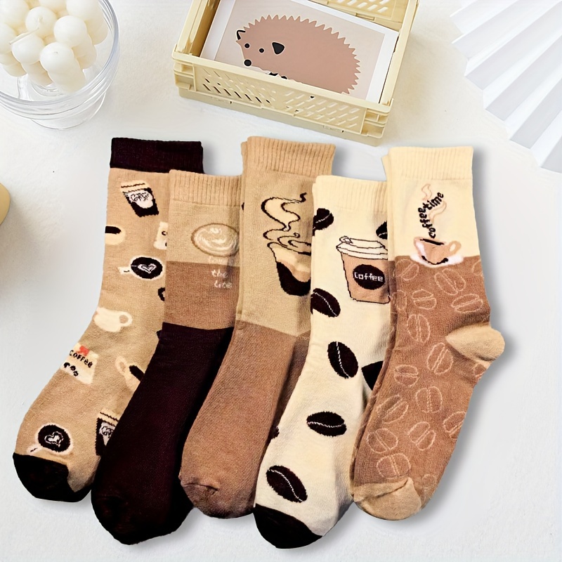 

5 Pairs Coffee Print Socks, Trendy & Breathable Mid Tube Socks, Women's Stockings & Hosiery
