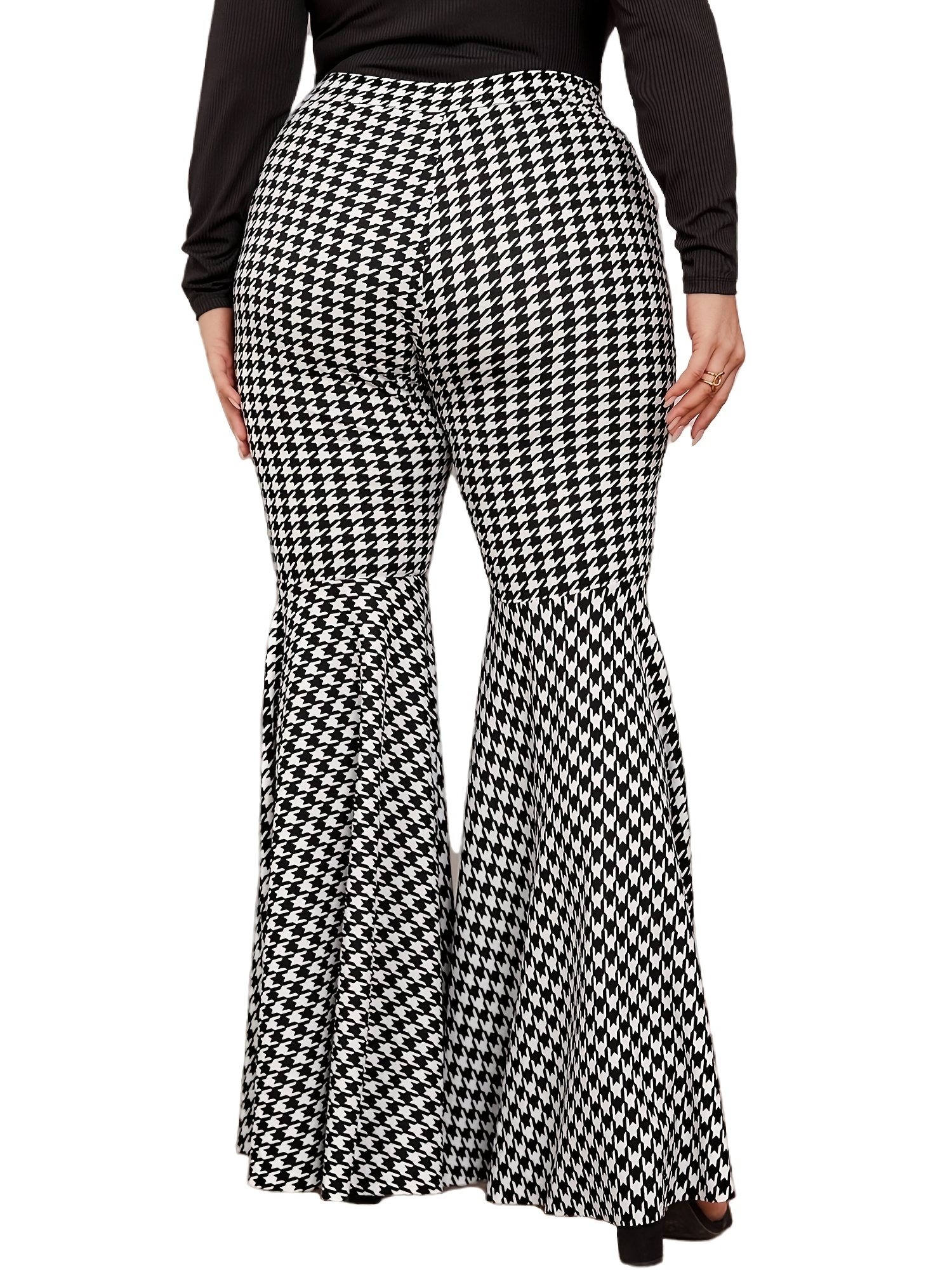 Houndstooth Flared Pants Retro High Rise Plus Women's