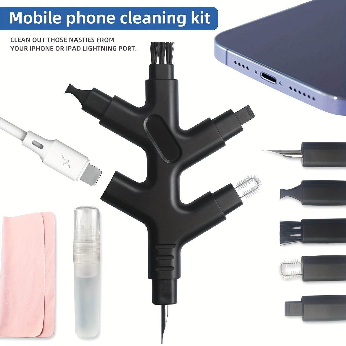 Ensemble de Nettoyage de téléphone Portable, Outil de Nettoyage pour iPhone  AirPod, kit de réparation et de Restauration Tout-en-Un Nettoyage Le câble  de Charge de Port iPad Type C (Noir) : 