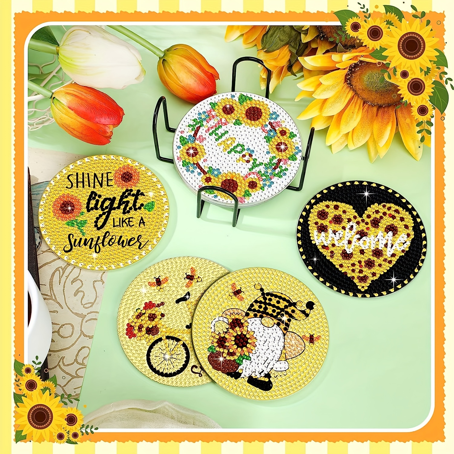 BSRESIN 8 Pcs Sunflower Diamond Painting Coasters with Holder