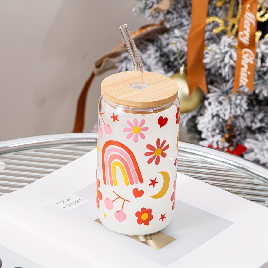 1pc Ice Coffee Cup with Bamboo Lids and Glass Straw,16oz Sublimation Boho  Printed Beer Can Glasses