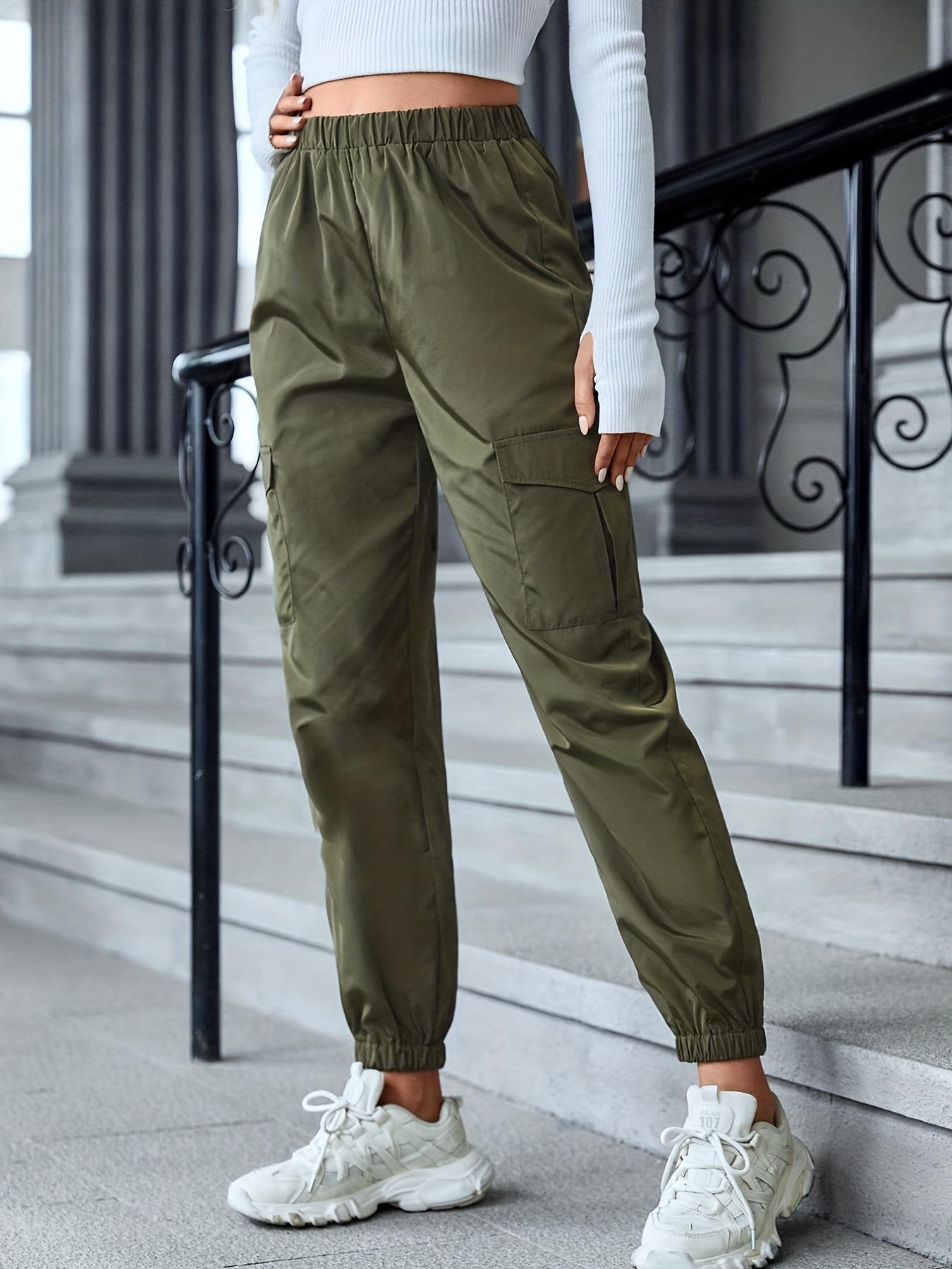 Green Casual Pants for Women - Pocket Pants, Cargo Pants