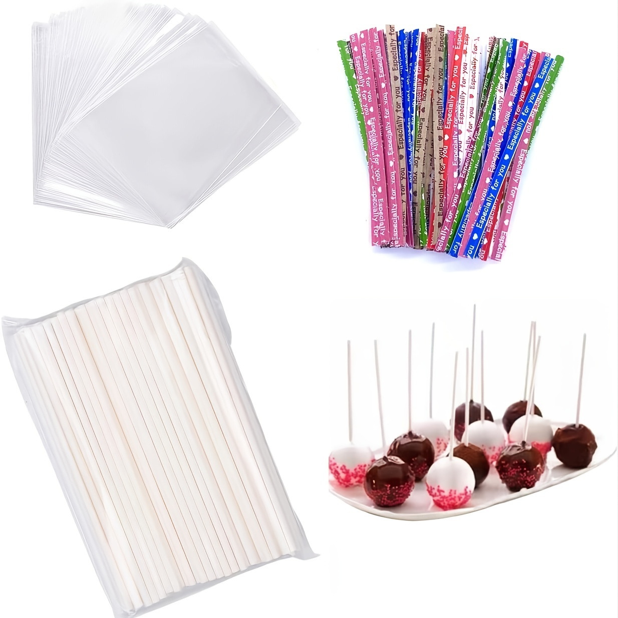300pcs Cake Pop Kit Including 100ct 6 inch Cake Pop Sticks 100ct Clear Candy Treat Bags Parcel Wedding Party Candy Lollipop 100ct Twist Ties For Cake Pop Lollipop Hard Candy Suckers Chocolate