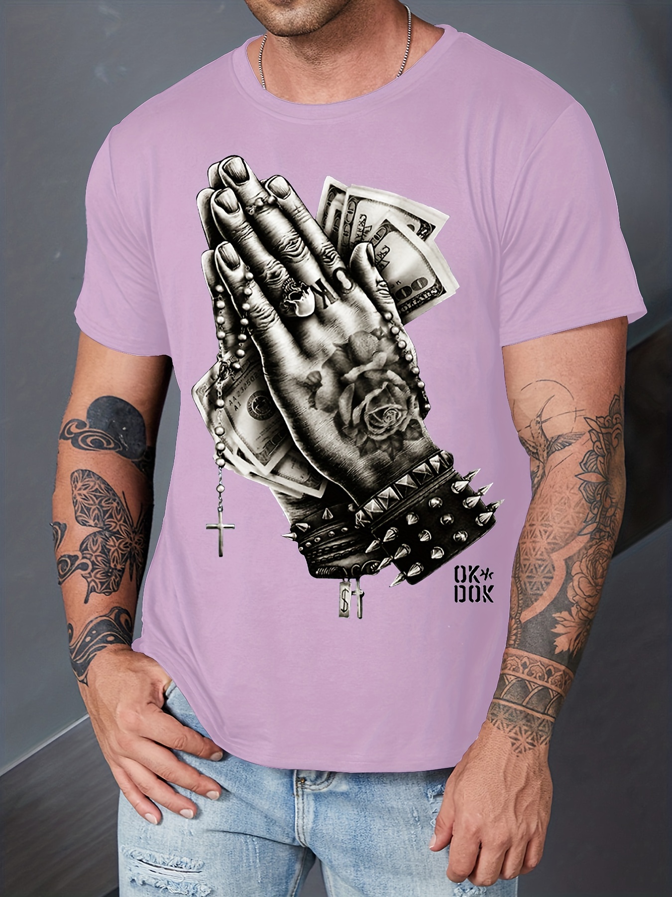 Men's Praying Hand Pattern Print Trendy T-shirt, Crew Neck Short