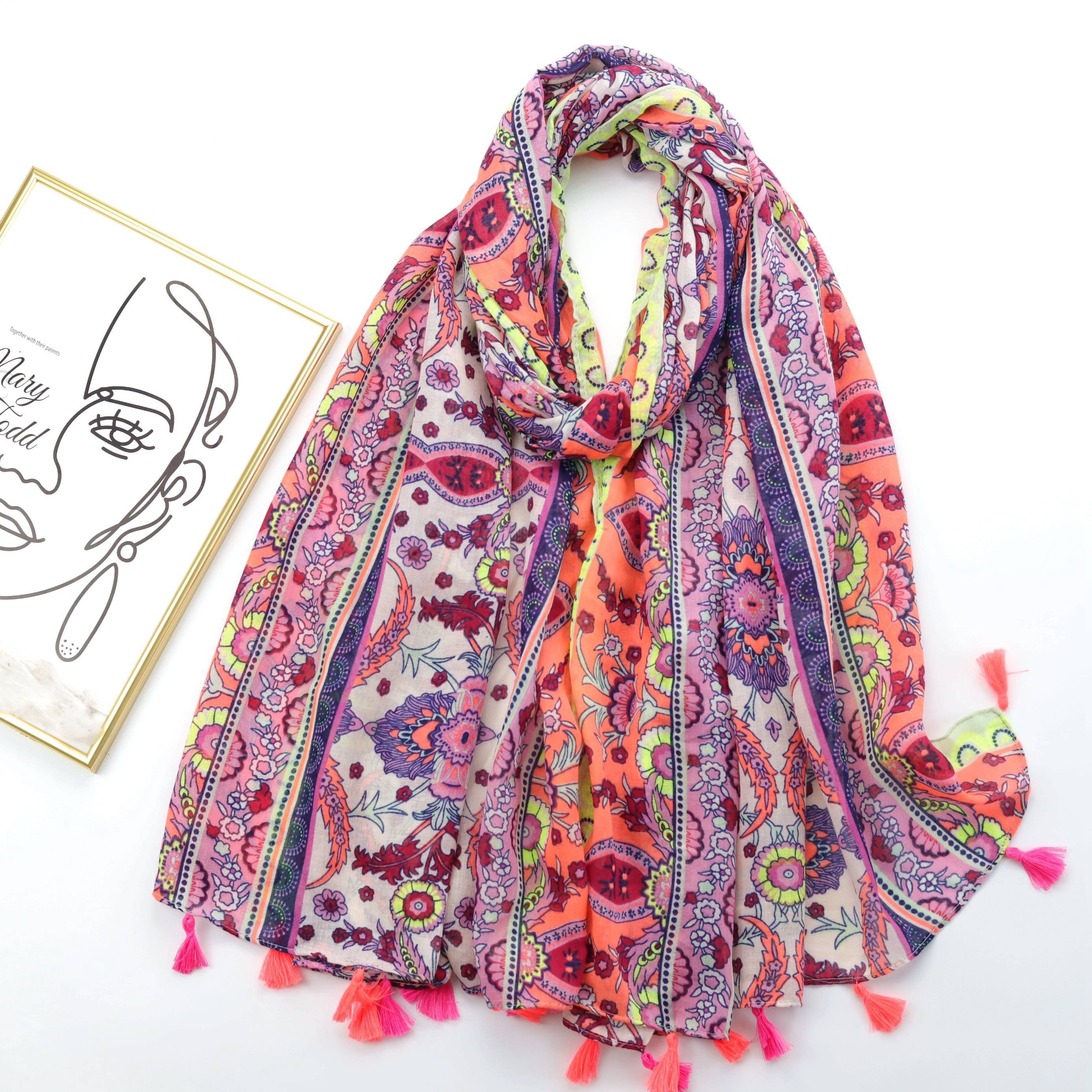 Vintage Floral Paisley Print Scarf Boho Block Tassel Shawl