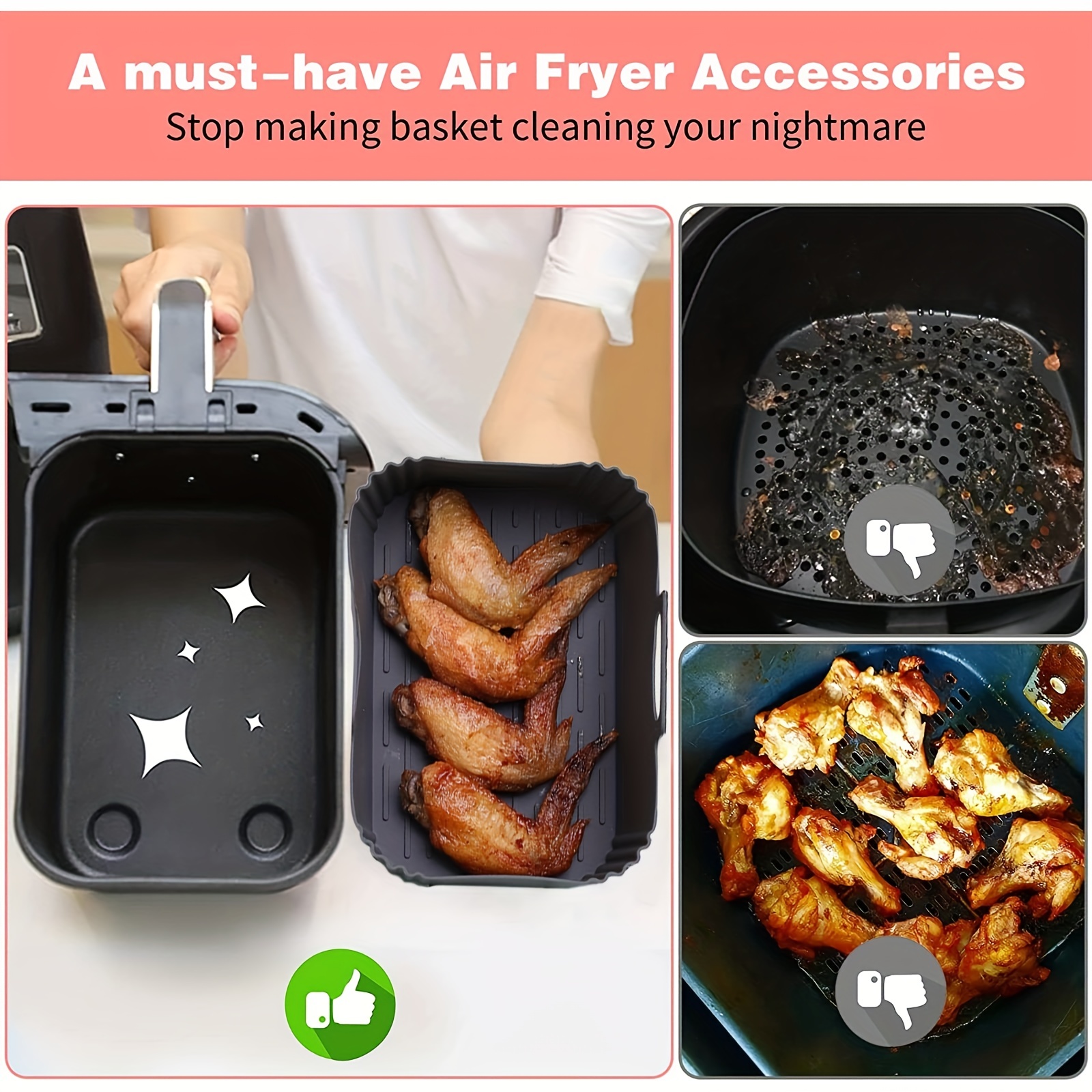  10QT Air Fryer Silicone Liners, MMH 2Pcs Rectangular Airfryer  Silicone Pot Baking Tray Reusable Replacement Basket Insert for Ninja DZ401/DZ550, Non-stick, Easy Cleaning, Food Safe