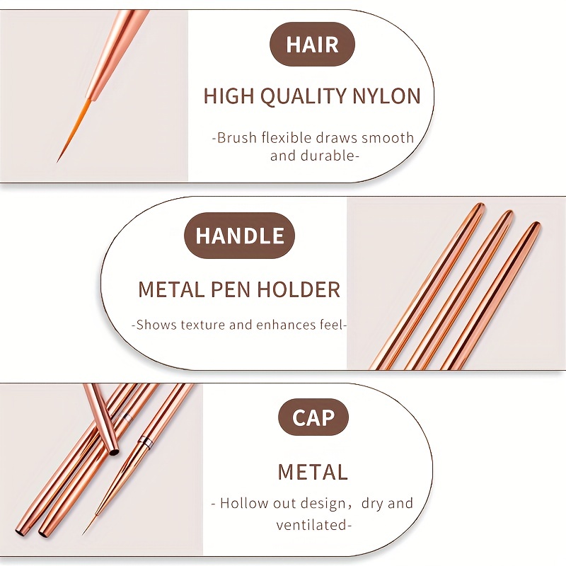 Set di pennelli per unghie trasparenti da 3 pezzi, penne per unghie per  unghie applicate in gel uv Gel per unghie Strumenti di disegni di nail art,  7mm / 9mm / 11mm