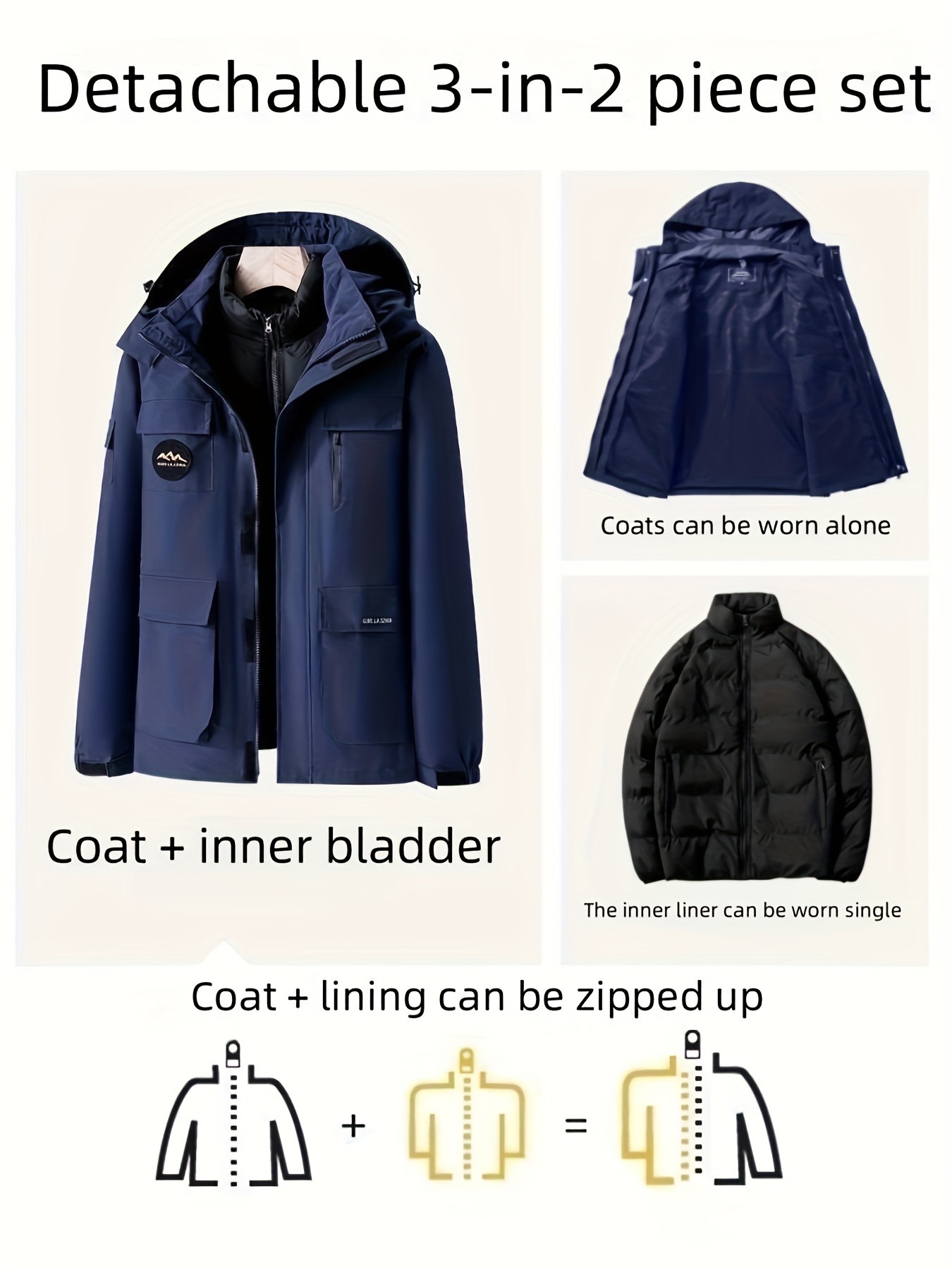 3 in 1 Outdoor Fleece Detachable Punch Jacket Solid Color - Temu