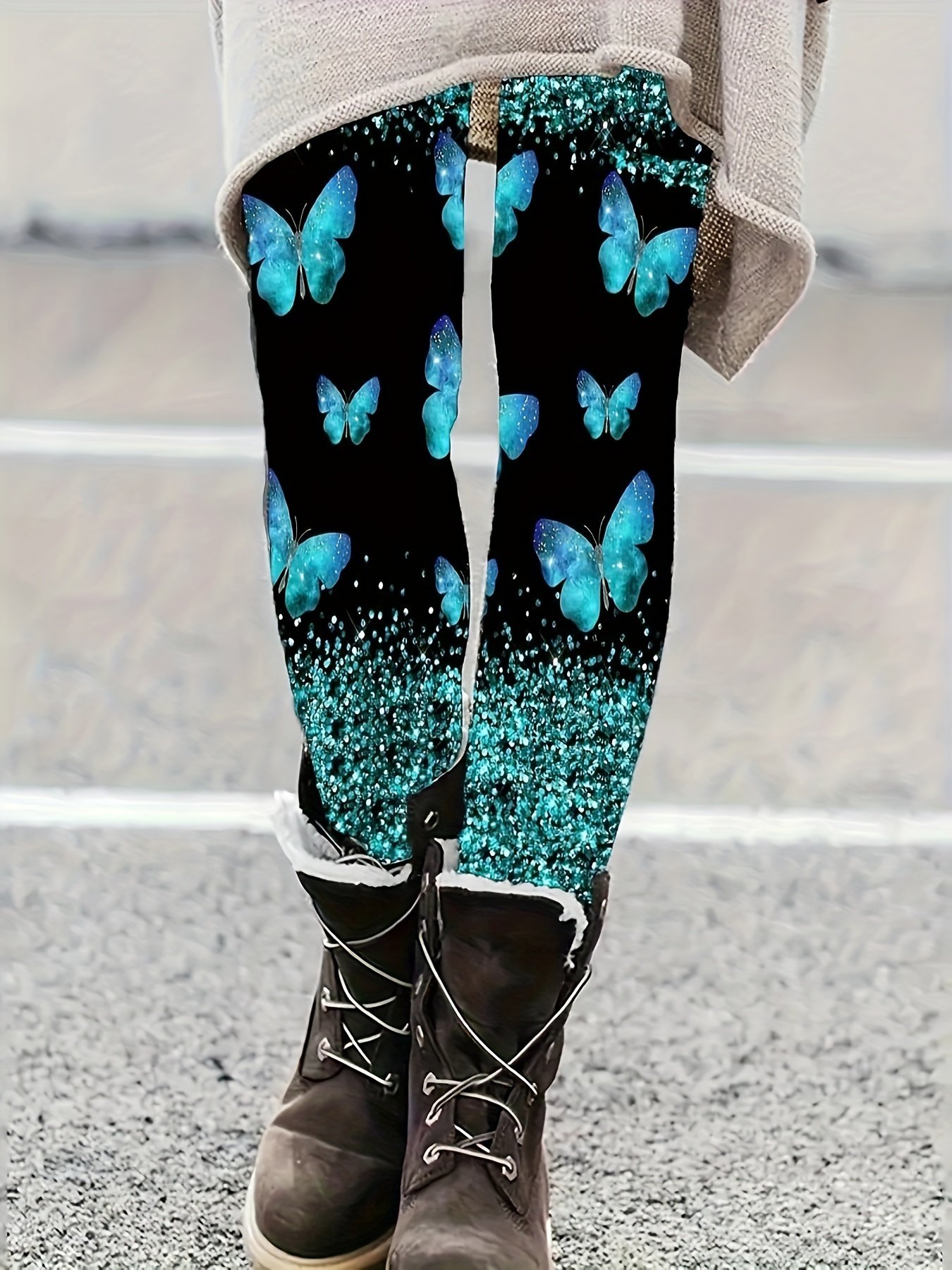 Butterfly Print Skinny Leggings Casual High Waist Bow Back - Temu